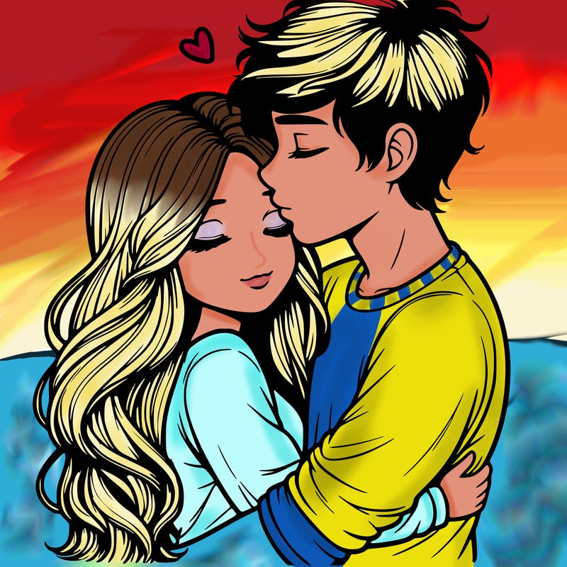 a realistic couple boy and girl hugging and kissing