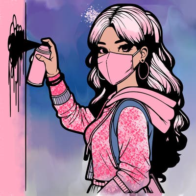 realistic girl with mask spray painting a wall