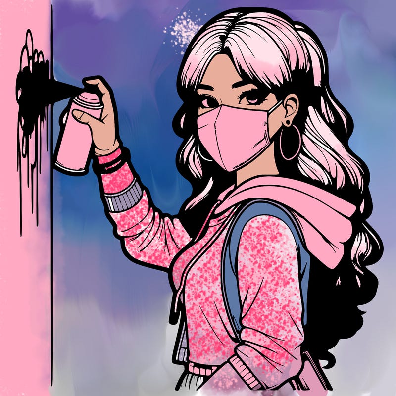 realistic girl with mask spray painting a wall