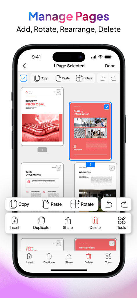 PDF Export - PDF Editor & Scan - iPhone screen showing the Manage Pages interface of the PDF Export app with options to add rotate rearrange and delete document pages