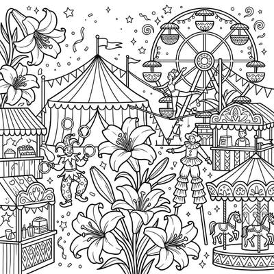 Step into a whimsical world where the elegance of Easter lilies meets the thrill of a carnival! This enchanting coloring page offers a unique blend of natural beauty and festive fun for all ages.