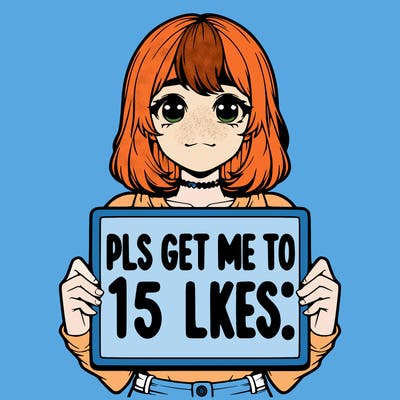 realistic girl holding up a sign that says “pls get me to 15 likes!”