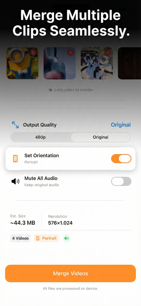 A mobile app interface showing how to merge multiple video clips with orientation and quality options