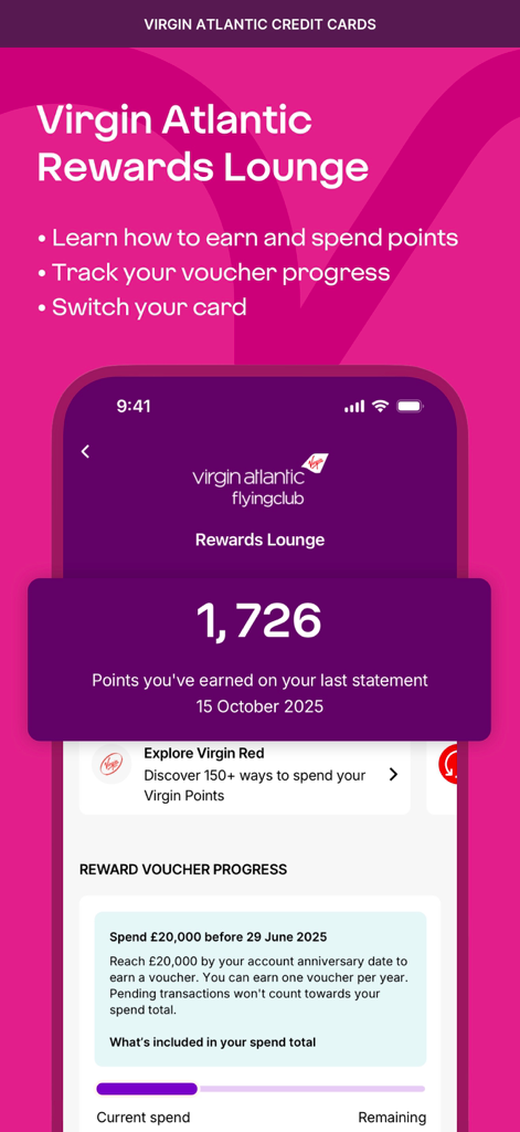 Virgin Money Credit Card - Virgin Money app Rewards Lounge screen showing points and reward voucher tracking