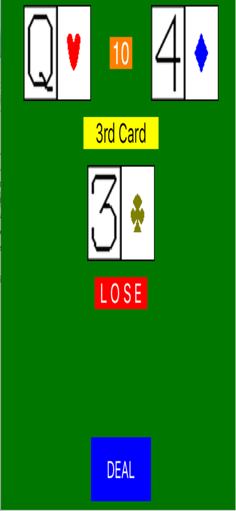 Acey Deucey Game - Jugabilidad del juego de cartas móvil Acey Deucey mostrando un resultado de derrota con una Reina y 4 cartas repartidas