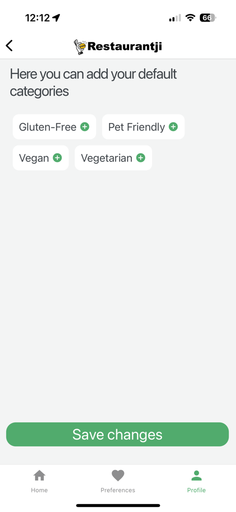 Restaurantji Dining Guide - Restaurantji app screen for selecting default dining categories like gluten free vegan and pet friendly