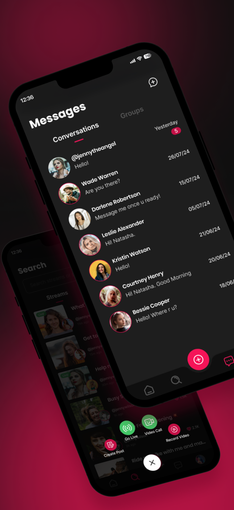 Peeks Social - Live Video - Peeks Social app messaging screen showing conversations and a menu for going live or making video calls
