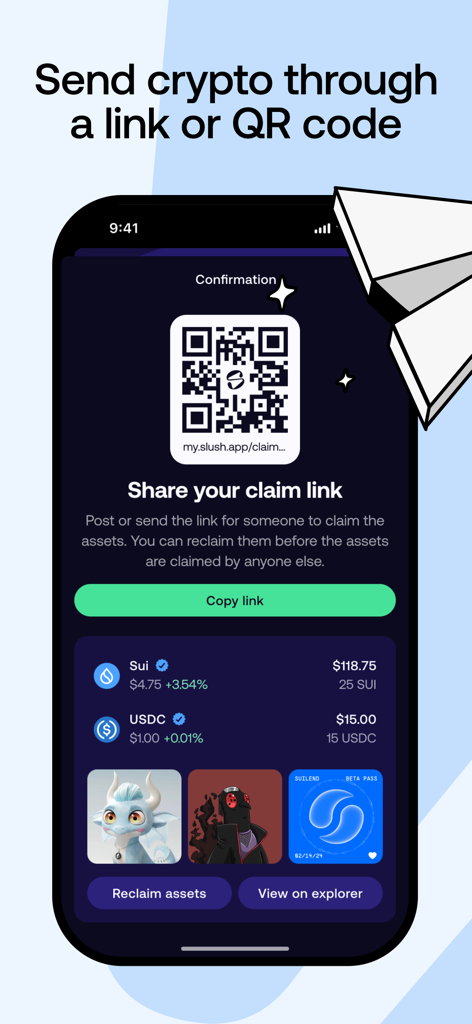 Interface of the Slush wallet showing a crypto claim link with a QR code and a list of Sui and USDC assets.