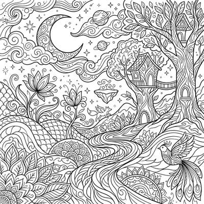 Unleash your creativity with this enchanting adult dreamscape coloring page, designed to transport you to a world of intricate fantasy and wonder. This highly detailed illustration offers a perfect escape, combining therapeutic art with imaginative exploration.