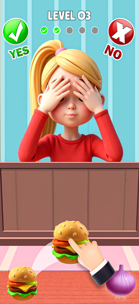 Ein Mädchen mit verbundenen Augen spielt ein Ja-oder-Nein-Essens-Challenge-Spiel mit einem Burger und einer Zwiebel