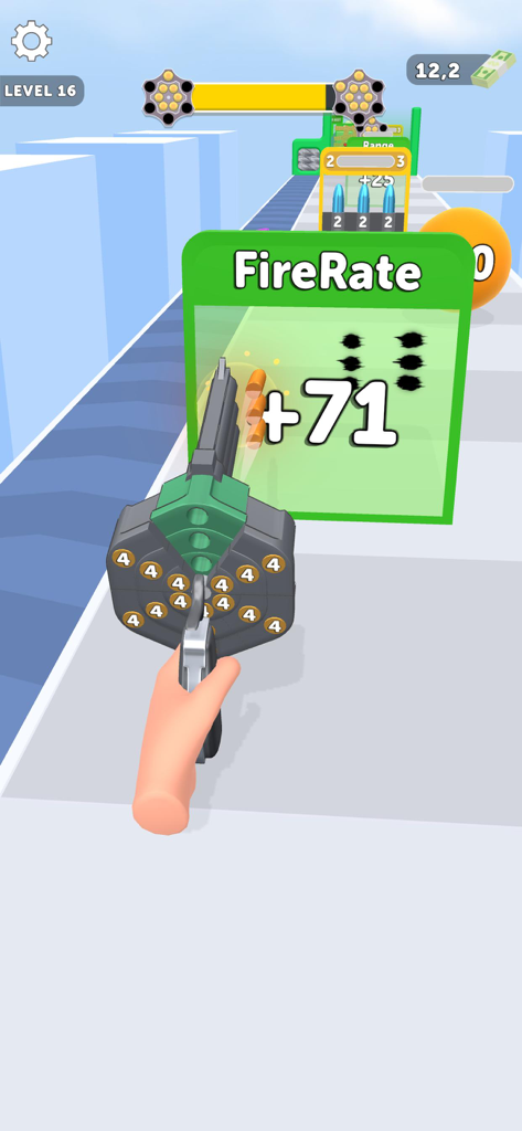 A first person view of a revolver shooting through a green fire rate upgrade gate in the Revolver Rush mobile game.