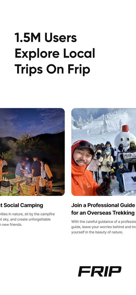 Frip - Experience Korea - Frip app screen showcasing local camping and trekking group activities in Korea