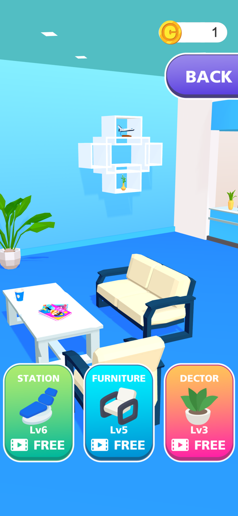 Clinic waiting room customization screen with furniture and decoration upgrade options