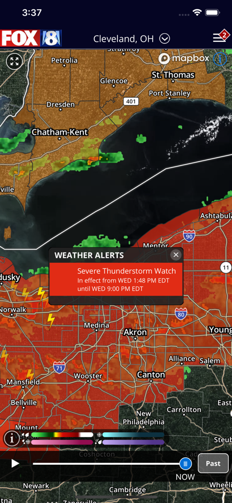 FOX8 Cleveland Weather - FOX8 Cleveland Weather app radar map displaying a severe thunderstorm watch alert.