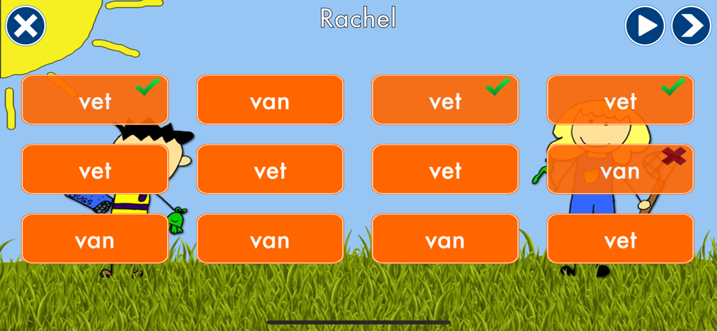 Sound It Out - A screen in the Sound It Out app showing tracked phonics answers for a student named Rachel with correct and incorrect indicators for CVC words.