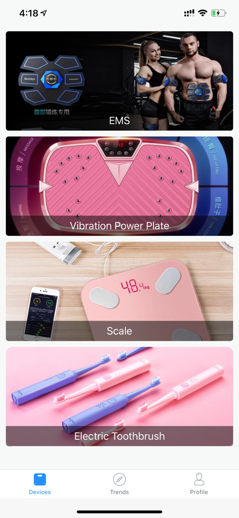 Dorrayアプリのインターフェース。EMSトレーニングギア、バイブレーションパワープレート、ボディスケール、電動歯ブラシなど、さまざまな互換性のあるスマートヘルスデバイスが表示されています。