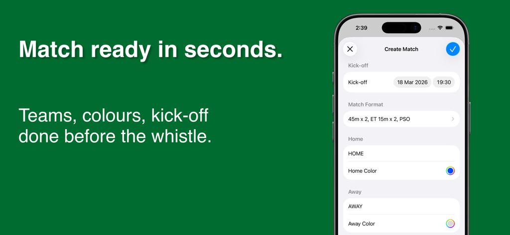 PitchSide - Pantalla del iPhone mostrando las opciones de configuración del partido en la aplicación PitchSide