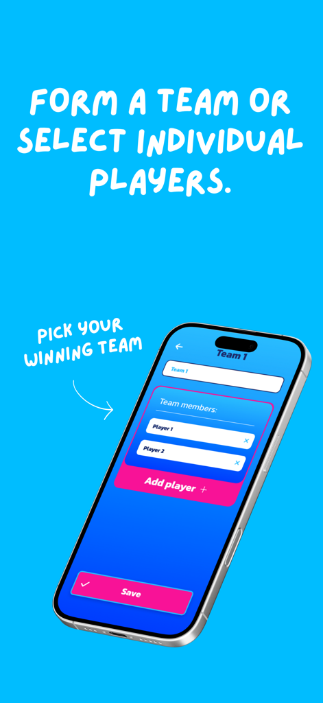 GuessTheSong - Music Trivia - Smartphone screen showing the team and player setup page for the GuessTheSong music trivia app.