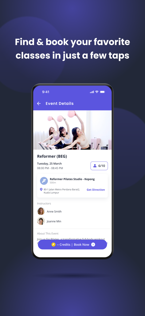 MyFit: Wellness Bookings - A mobile app screen showing the booking details for a beginner reformer pilates class including time, location, and instructors.