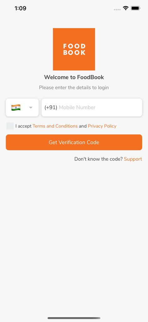 FoodBook - Workplace Food - Login screen for FoodBook app with mobile number input and verification button.