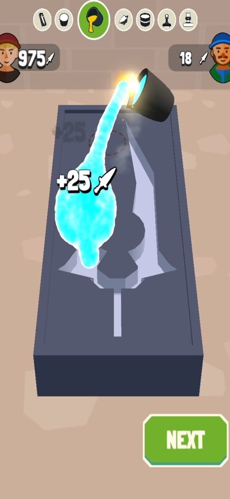 Blade Forge 3D - Uma simulação 3D de despejar metal azul incandescente em um molde de espada no jogo mobile Blade Forge 3D.