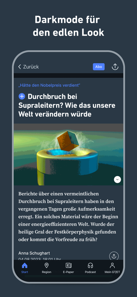 GT/ET - News und Podcast - GT/ET news app screenshot showing a science article in dark mode.