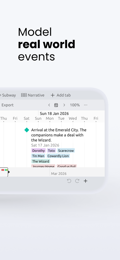 Aeon Timeline 3 - Écran de l'application Aeon Timeline 3 montrant un événement d'histoire avec des étiquettes de personnage sur une chronologie visuelle.