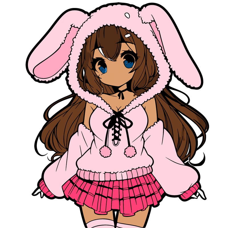 pretty anime girl wearing a fluffy hoodie with bunny ears on the hood and a skirt