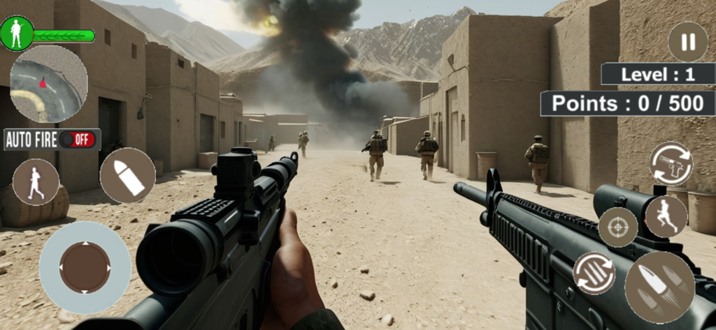 FPS Shooting Game: Battle Game - First-person view of a soldier with a rifle during a desert combat mission with explosions