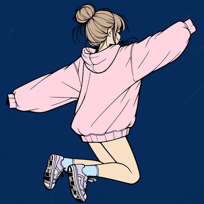 realistic girl jumping with a bun and oversized sweatshirt