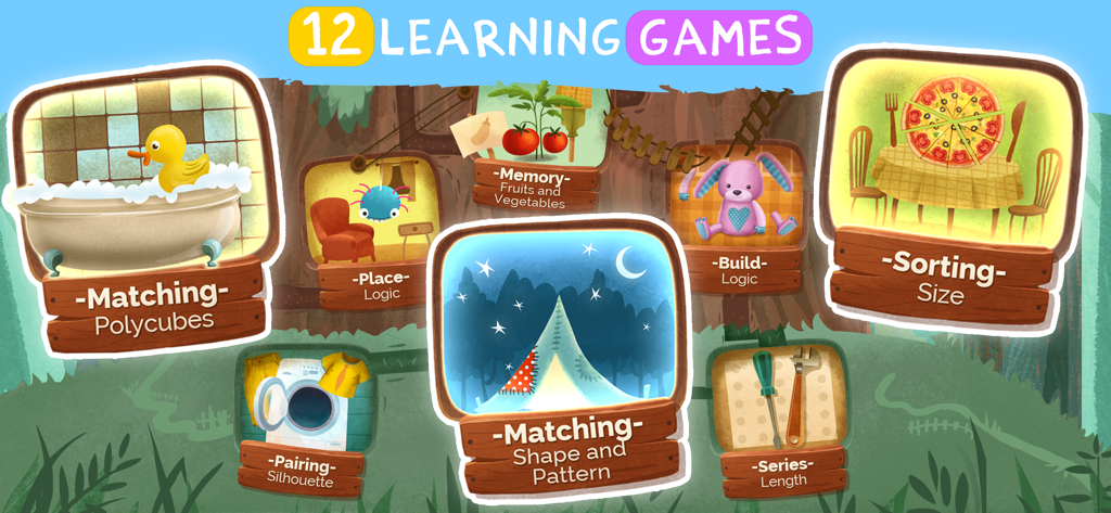 Learning Games for Toddlers AZ - A collection of twelve educational mini games for toddlers showing sorting matching and logic activities