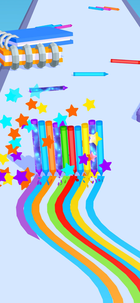 Lápices coloridos corriendo en una pista dejando rastros vibrantes de arcoíris y estrellas brillantes
