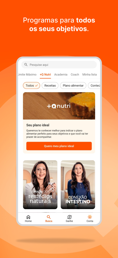Interface mobile de l'application Queima Diaria affichant des plans de nutrition personnalisés et une alimentation saine