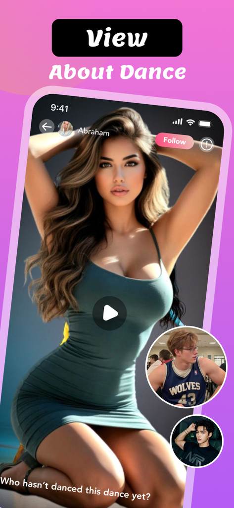 Teyo: Video Chat & Fun Talk - Teyoアプリのインターフェース。フォローと再生オプションが表示された垂直ダンスビデオを表示。