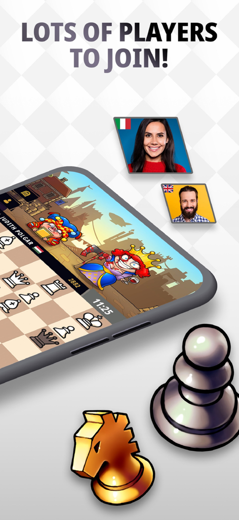 Chess Universe app showing online multiplayer gameplay with global player profiles and colorful cartoon chess avatars.