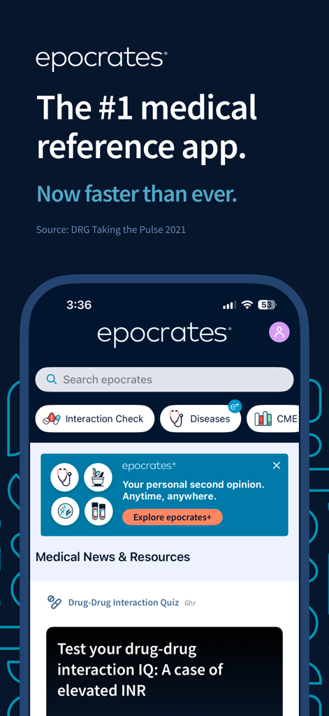 epocrates: Drug Info & Pill ID - Epocrates medical reference app home screen showing drug interaction checker and medical news