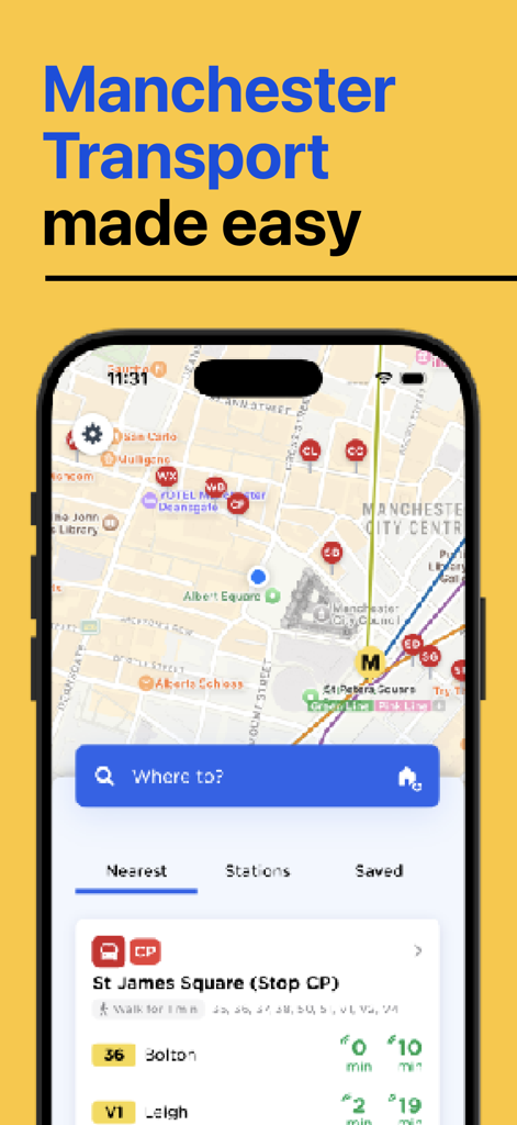 Manchester Bus & Tram - Capture d'écran de l'application Manchester Bus and Tram montrant une carte de la ville et les départs de bus en direct