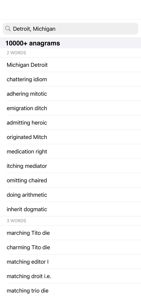 AG Anagram app interface showing a list of anagrams for the text Detroit Michigan