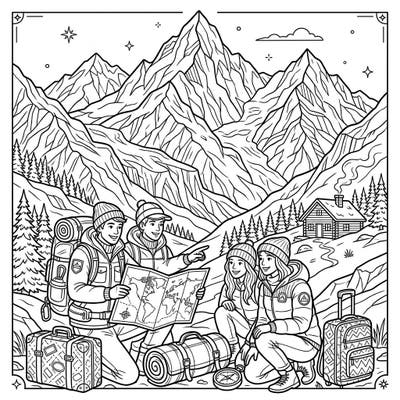 Discover the thrill of a winter vacation with this detailed coloring page featuring adventurous friends and majestic snow-capped mountains. Perfect for those who dream of exploring frosty peaks and cozy cabins.