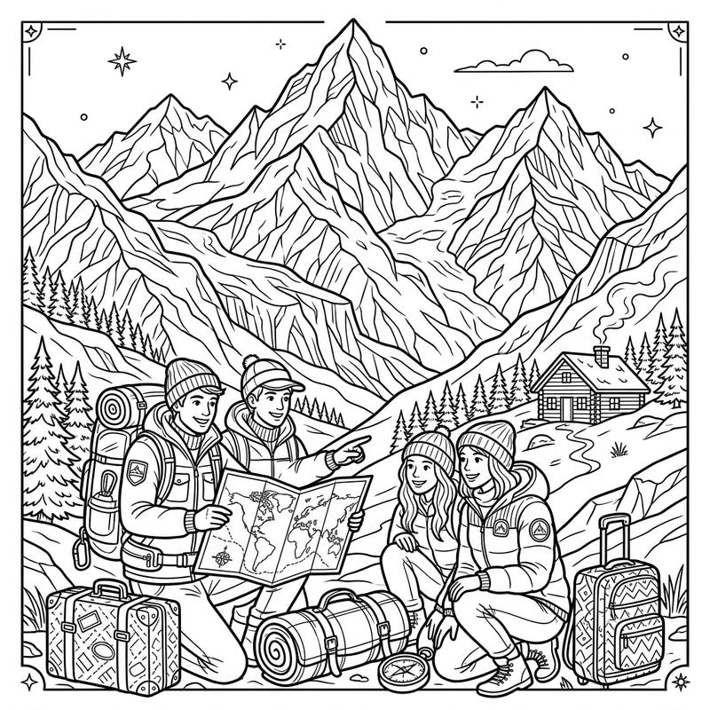 Discover the thrill of a winter vacation with this detailed coloring page featuring adventurous friends and majestic snow-capped mountains. Perfect for those who dream of exploring frosty peaks and cozy cabins.