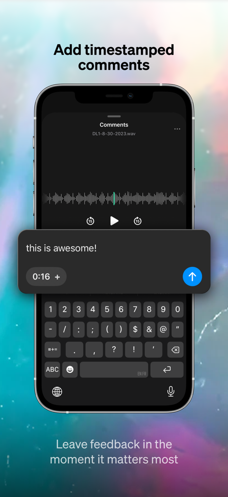 Baton - Unreleased Music - 미발매 음악 트랙에 타임스탬프가 찍힌 댓글 및 피드백을 추가하는 Baton 앱 기능을 보여주는 스마트폰 화면