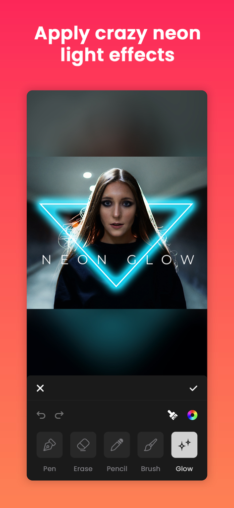 Quick Edit: Video，Photo Editor - Applying a blue neon triangle glow effect to a portrait in the Quick Edit mobile app