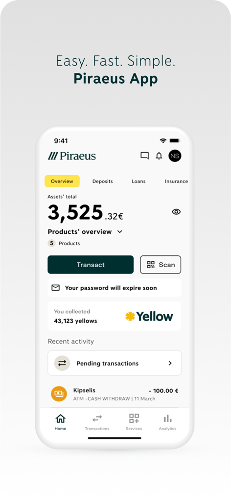 Piraeus app - Piraeus mobile banking app interface showing account overview balance and recent transactions