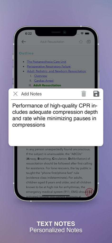 Clinical Anesthesia MGH HBK - A screenshot of the Clinical Anesthesia MGH HBK app showing the personalized text notes feature over a clinical outline for adult resuscitation