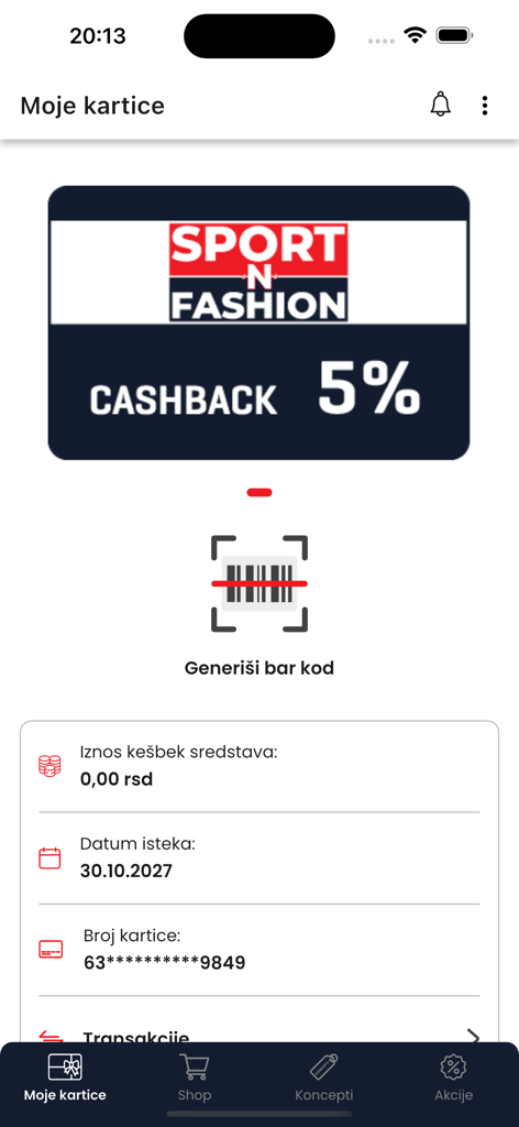 Sport N Fashion - Sport N Fashion app screen displaying a digital loyalty card with 5 percent cashback rewards and a barcode generation button