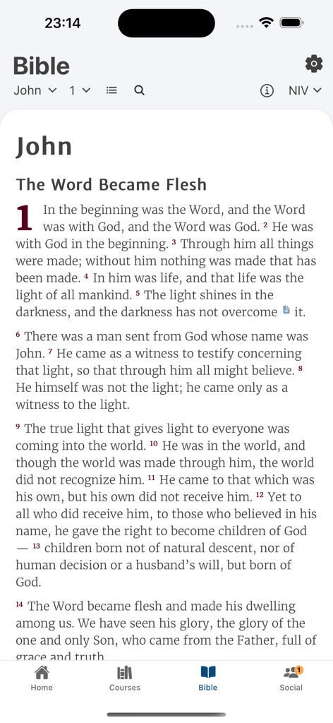 The Bible reader interface in the EMMAUS app displaying the first chapter of the Gospel of John.