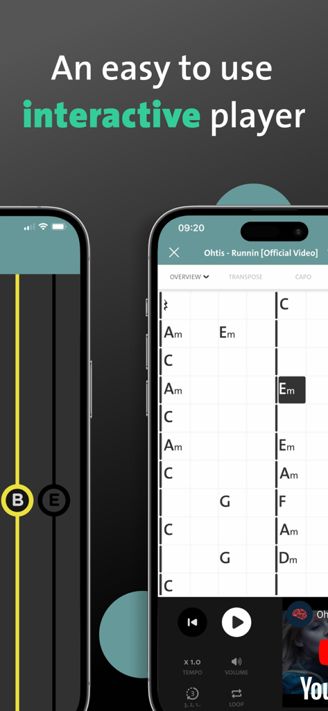Chordify: Songs, Chords, Tuner - Reproductor de música interactivo de la aplicación Chordify que muestra acordes de guitarra y piano sincronizados con un video de YouTube