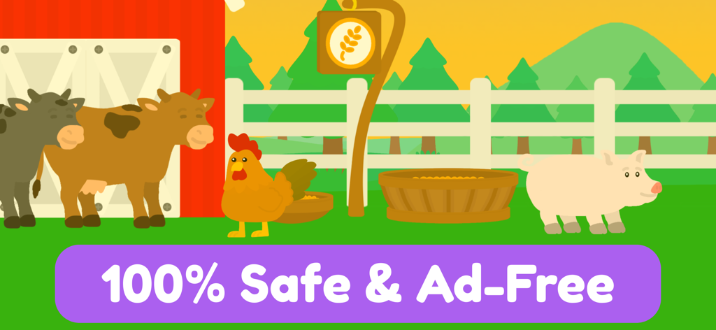 Baby Abbie: Toddler Games 2+ - Toddler farm scene with cows, a pig, and a chicken featuring a 100 percent Safe and Ad-Free badge