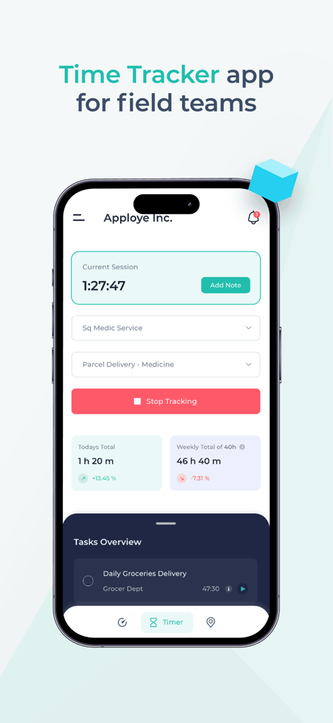 Interface móvel do aplicativo de rastreamento de tempo Apploye mostrando um cronômetro de sessão e totais de trabalho diários para equipes de campo