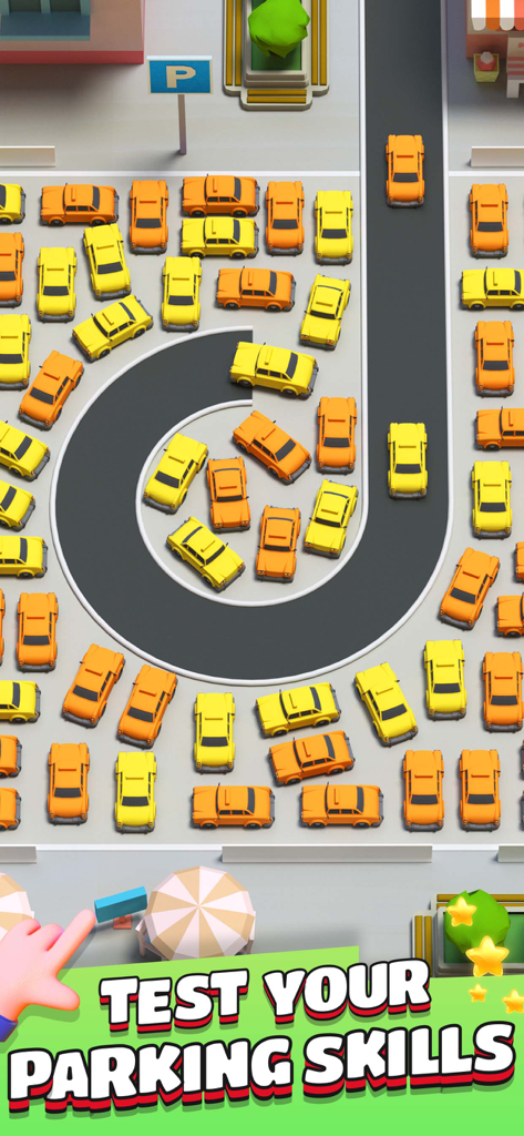 Una vista cenital de un complejo acertijo de bloqueo de aparcamiento en Car Out con numerosos coches amarillos y naranjas